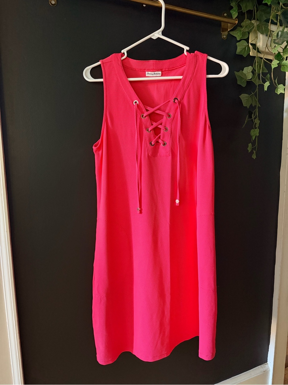 Tommy Bahama Lace-Up V-Neck Mini Dress in Bright Pink with pockets.